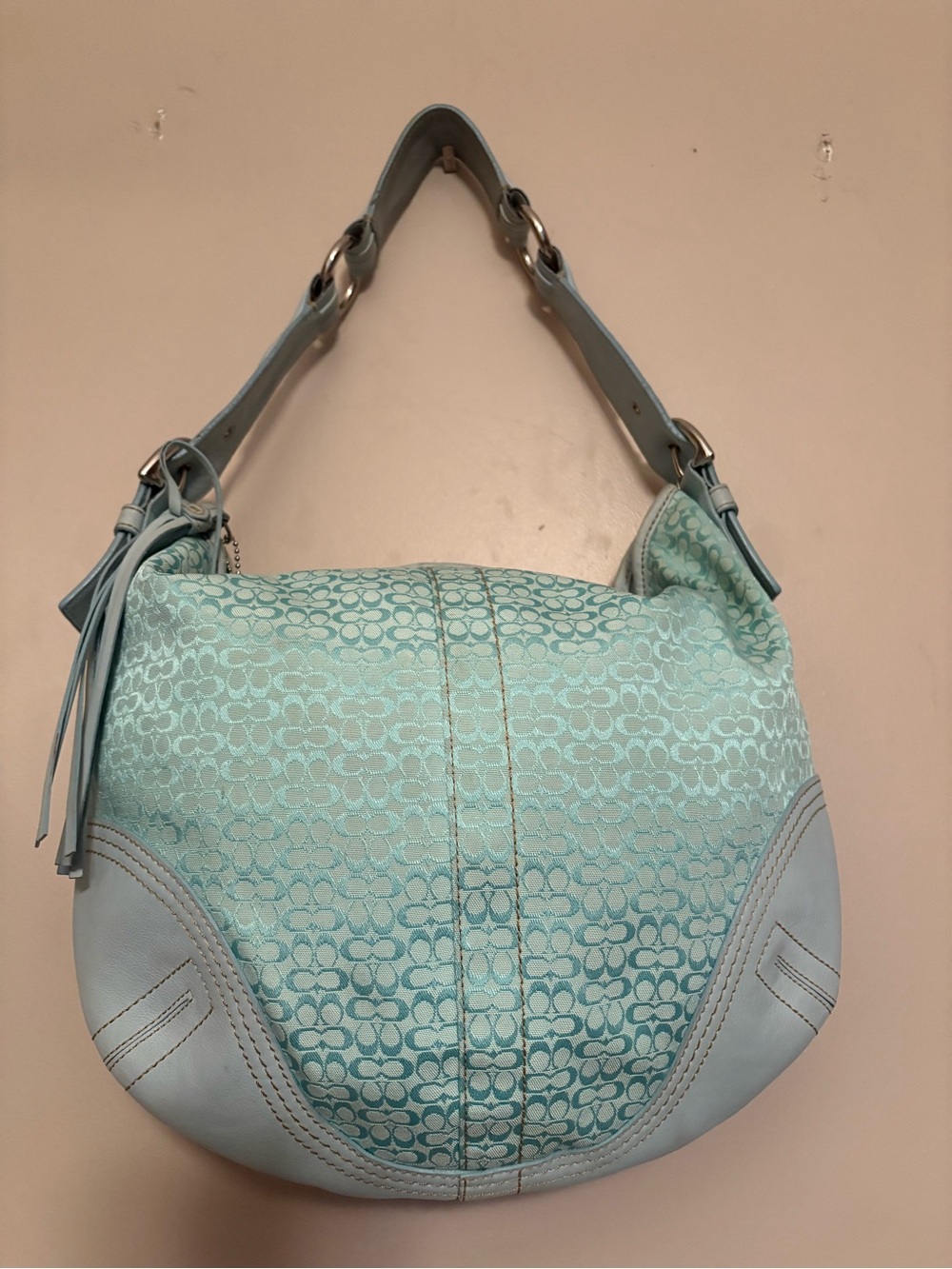 Vintage Coach Mint or Pastel Green Signature Jacquard Shoulder Hobo